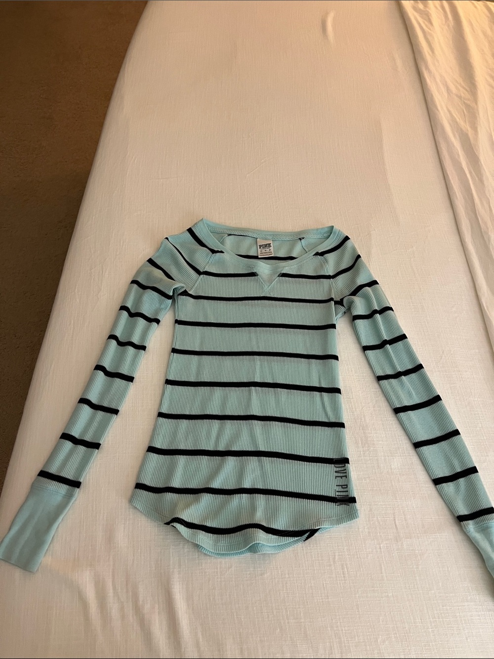 PINK Victoria's Secret Mint Green and Black Striped Ribbed Long Sleeve Top